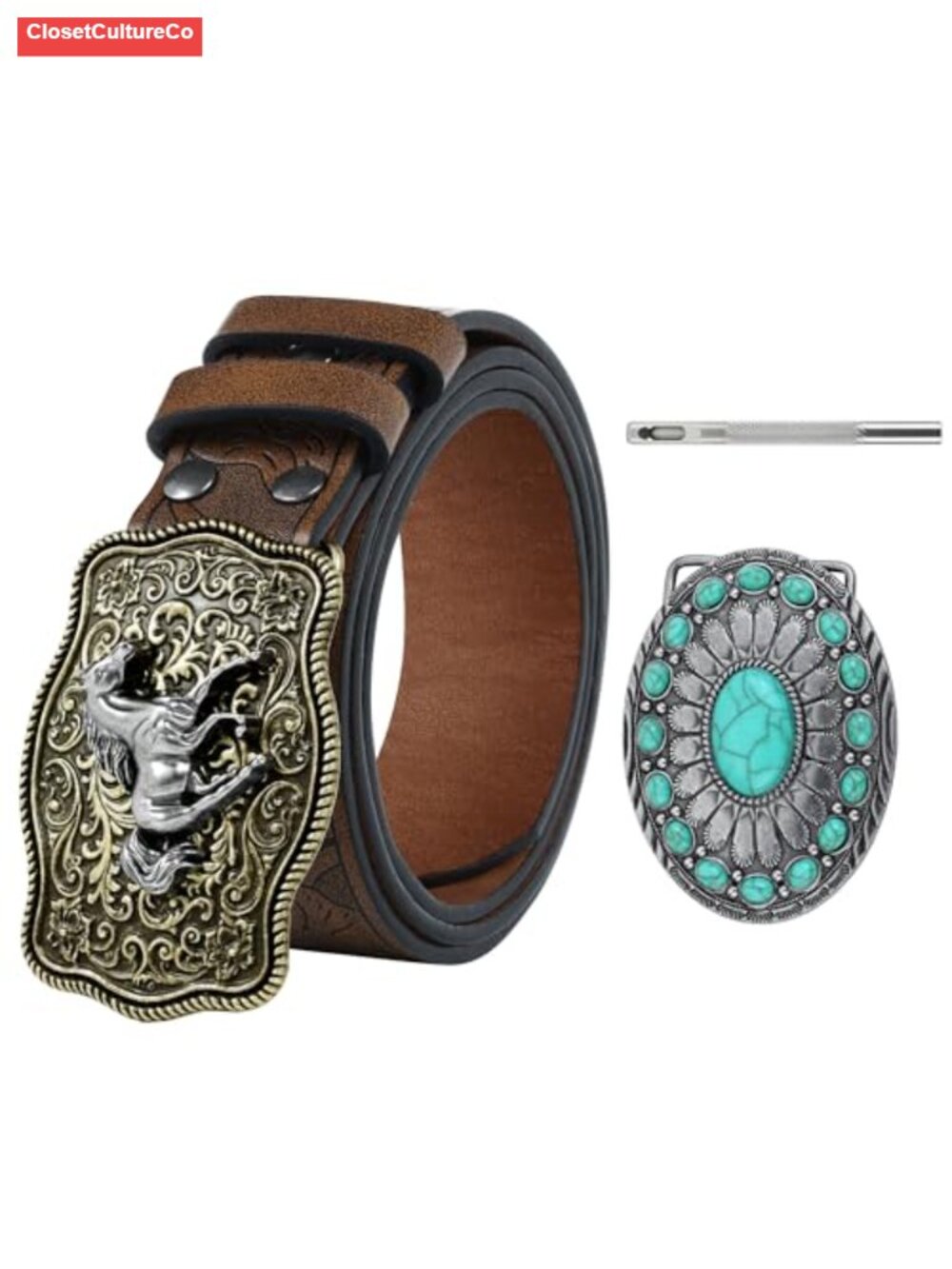 Western Cowboy Belt PU Leather Removable Mustang Turquoise Buckle